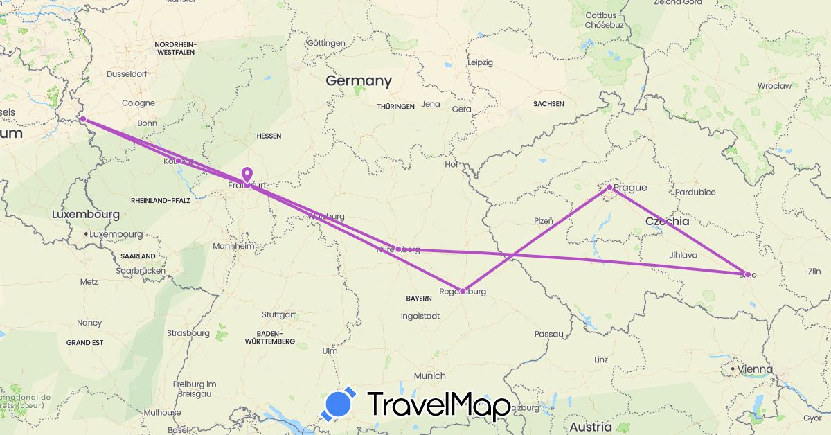 TravelMap itinerary: driving, train in Czech Republic, Germany (Europe)